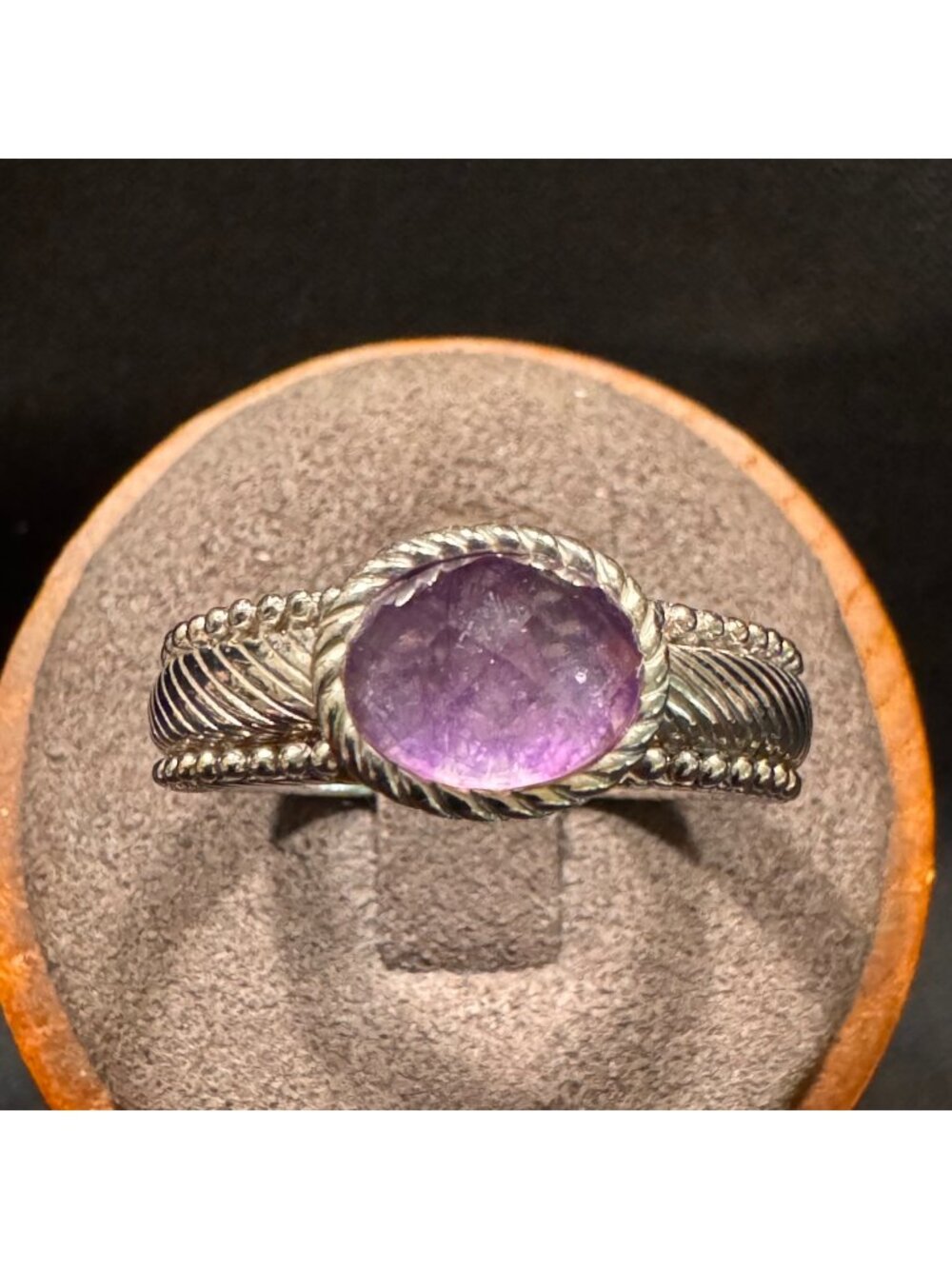 Judith Ripka Sterling Silver 925 Amethyst Rope Border Bezel Set Ring Size 10.75